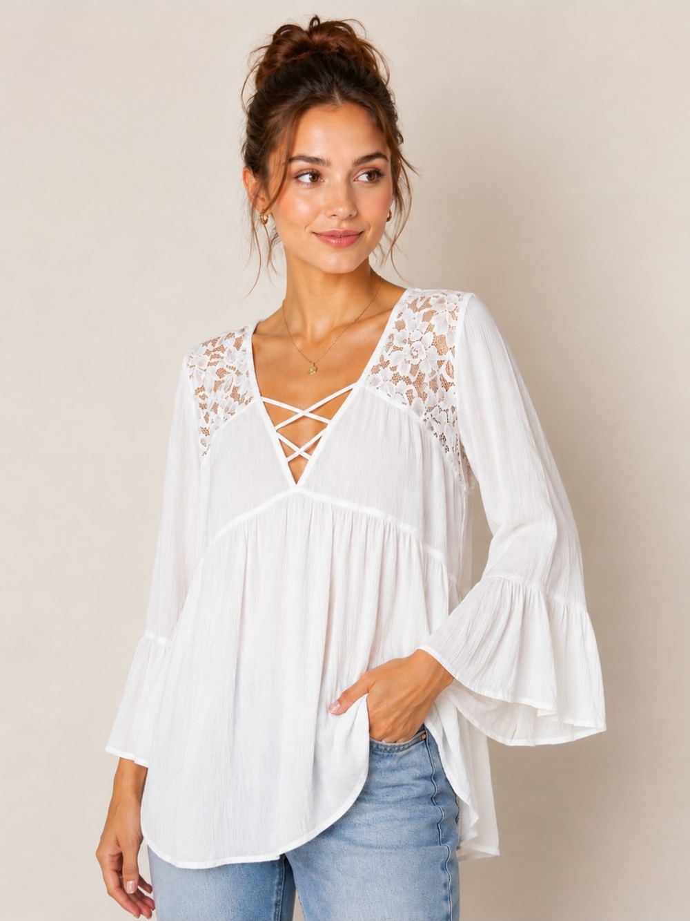 Ambiance White Boho Lace Bell Sleeve Blouse 2X